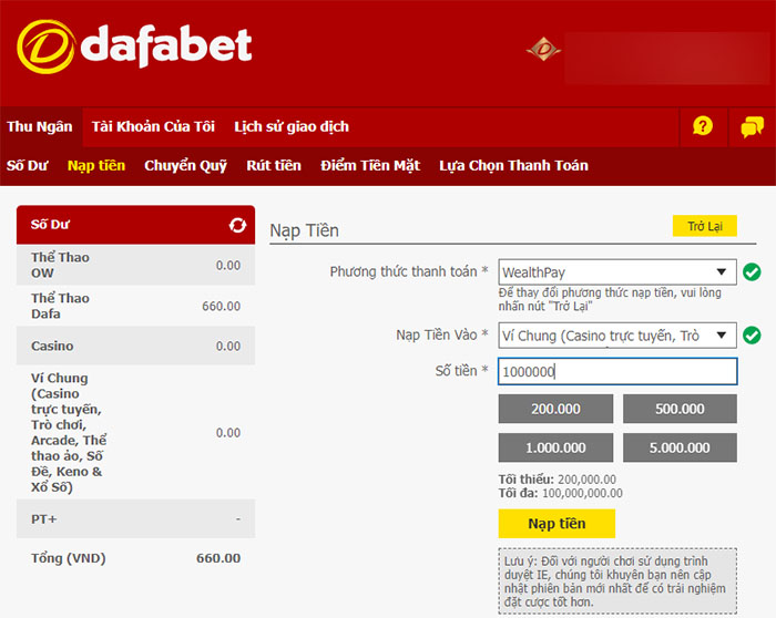 Nạp tiền vào tài khoản Dafabet thông qua Internet Banking - ro77.pw